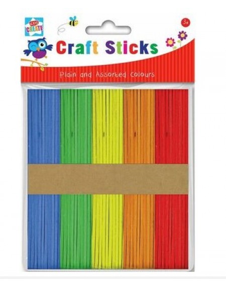 Multi-Coloured and Plain Wooden Craft Sticks - Pack Of 100
